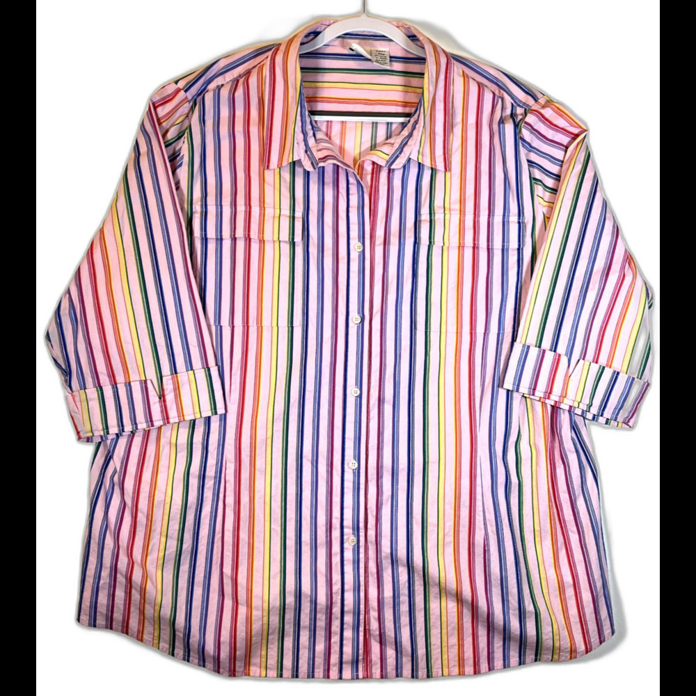 Roamans Button Up Collar Shirt Women’s 34W Pink Rainbow Vertical Stripe See Pics